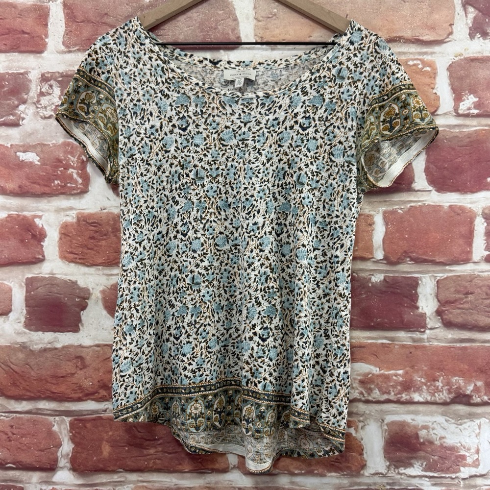 Lucky Brand T Shirt Women's S Multicolor Boho Floral Bordered Trim Casual Top